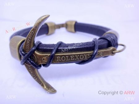 Replica Rolex Anchor Bracelet Black Leather with Copper Anchor